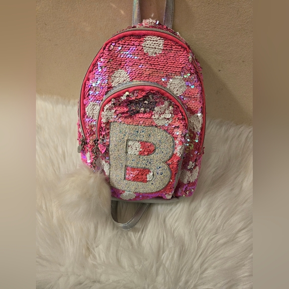 Justice Girls Mini Backpack Flip Sequin with Initial B, Pink & White Pom Pom - Picture 4 of 10